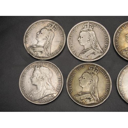 138 - Queen Victoria 1889 Crowns (x2) 1890 Crowns (x2) 1891 Crowns (x2) 1893 Crown and 1900 Crown (8 gross... 