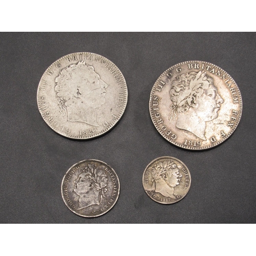 143 - George III 1819 Crown, George III 1820 Crown, George III 1817 Sixpence and a George IV 1824 Shilling... 