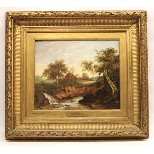 After Patrick Nasmyth (British 1787-1831); 'The Angler' oil on canvas, with named plaque on slip, 26cm x 31cm with a photo. of a watercolour of the same scene, Castle of Fiddes labels and Inv. No. 701 verso