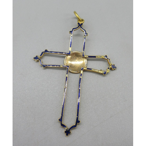 1 - 18ct yellow gold and blue enamel cross, not marked, tested to 18ct, 6.97g