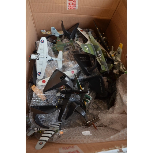 57 - Two boxes of mostly diecast aircraft models (likely Fabbri, no boxes) plus some small scale ship mod... 