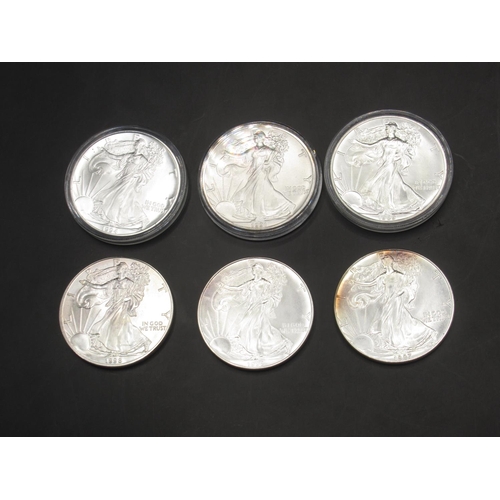 145 - 6 US 1oz Fine Silver Dollars from 1987, 1989, 1991, 1994, 1995 and 1998 (3 encapsulated)