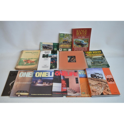 66 - Collection of mostly Land Rover and Range Rover booksd, brochures, work shop manuals, accessory list... 