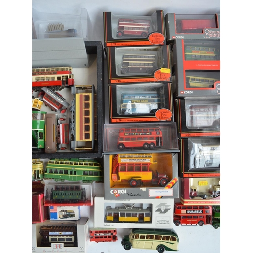 86 - Collection of bus and tram models, mostly diecast 1/76 scale from EFE, Corgi etc, also included moto... 