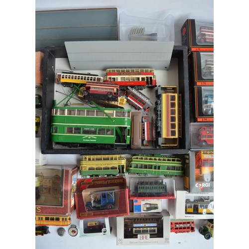 86 - Collection of bus and tram models, mostly diecast 1/76 scale from EFE, Corgi etc, also included moto... 