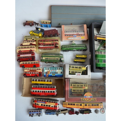 86 - Collection of bus and tram models, mostly diecast 1/76 scale from EFE, Corgi etc, also included moto... 