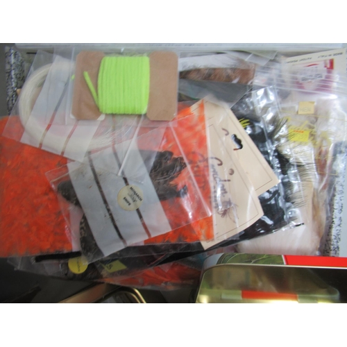 414 - Large assortment of fly fishing fly-tying materials and equipment, including a vice, various types o... 