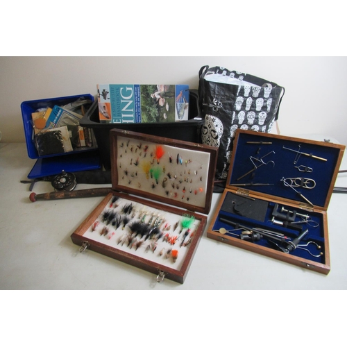 427 - Wooden case of fly-fishing lures of various styles with a cased fly-maker's vice and assortment of f... 