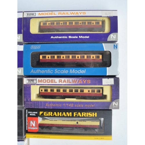 105 - Thirteen N gauge BR carmine/crimson and cream passenger coaches from Dapol plus Graham Farish 374802... 