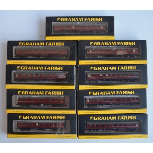 106 - Nine BR maroon Mk1 passenger coaches from Graham Farish (by Bachmann) to include composite and open ... 