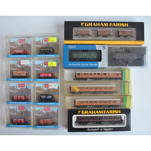 108 - Collection of N gauge passenger coaches from Graham Farish and Minitrix plus goods wagons from Dapol... 