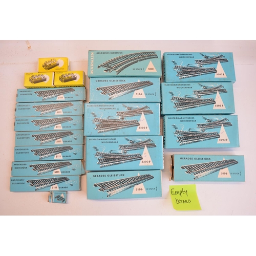 111 - Collection of Marklin 3 rail HO gauge track including boxed packs, also included empty track boxes, ... 