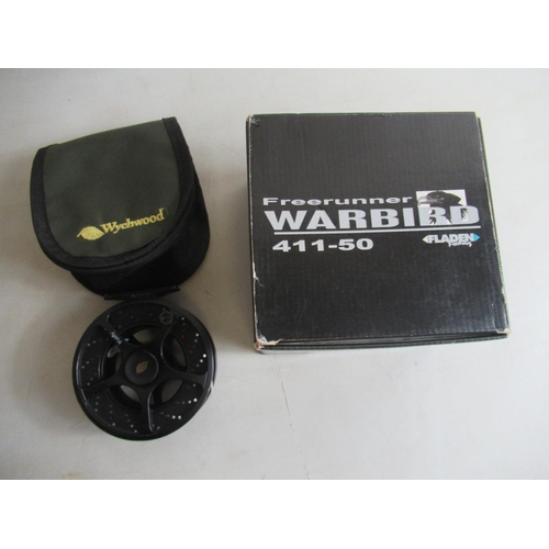 417 - Fladen 'Freerunner Warbird 411-50' fishing reel complete with original box. Wychwood 'Truefly' fly r... 