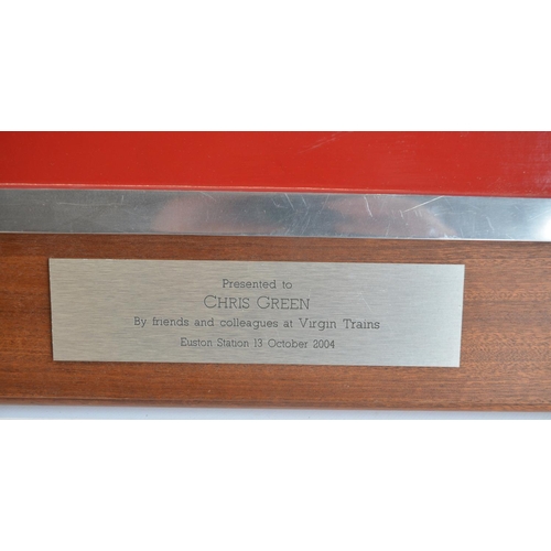 119 - Large Pendolino relief text presentation metal sign on wood base with plaque 'Presented To Chris Gre... 