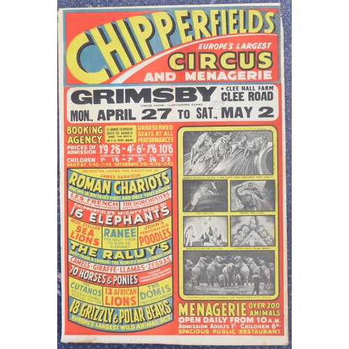 465 - Vintage W.E.Berry Chipperfield's Circus and Menagerie event advertising poster, Grimsby, featuring J... 