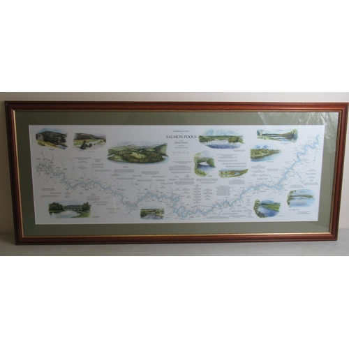 427A - Framed and signed print of 'The Salmon Pools on the River Tweed' by Richard Houldsworth, 115cm x 49c... 