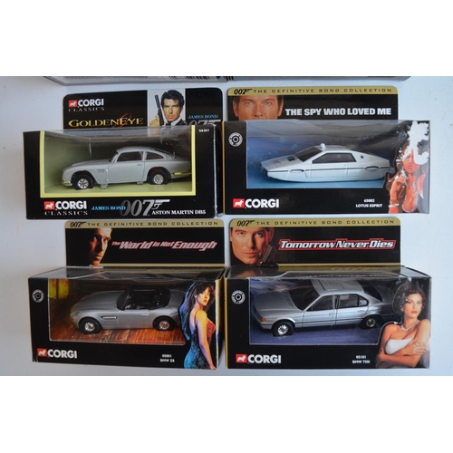 15 - Eight boxed James Bond cars from Corgi to include 96445 30th anniversary gold coloured Aston Martin ... 