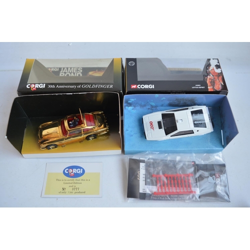 15 - Eight boxed James Bond cars from Corgi to include 96445 30th anniversary gold coloured Aston Martin ... 