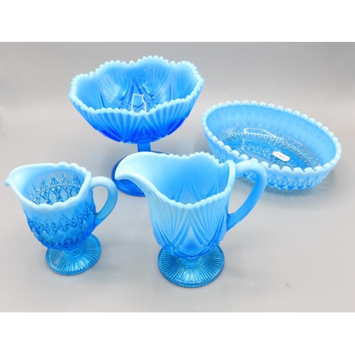 326 - Four pieces of Davidson blue pearline glass incl pedestal bowl, two jugs and oval bowl, a collection... 