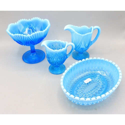 326 - Four pieces of Davidson blue pearline glass incl pedestal bowl, two jugs and oval bowl, a collection... 