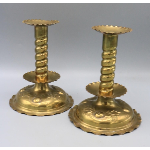 724 - Swedish brass candlesticks, with spiral stem, round tiers and round base with embossed decoration, m... 