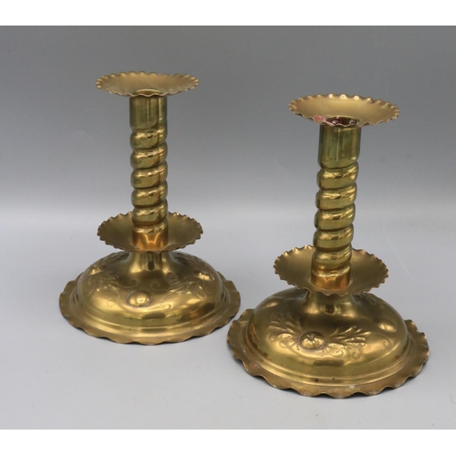 724 - Swedish brass candlesticks, with spiral stem, round tiers and round base with embossed decoration, m... 