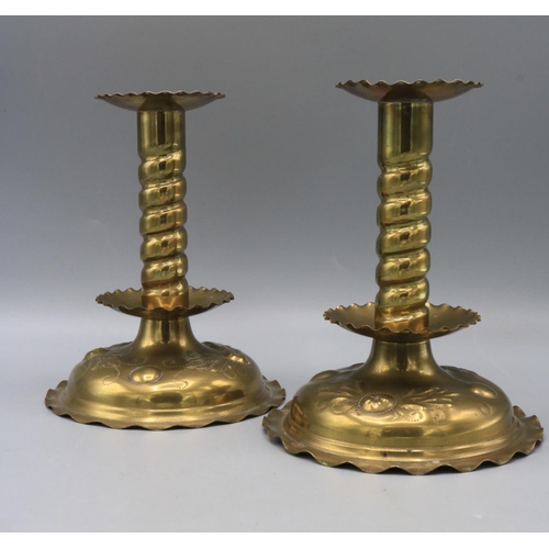 724 - Swedish brass candlesticks, with spiral stem, round tiers and round base with embossed decoration, m... 