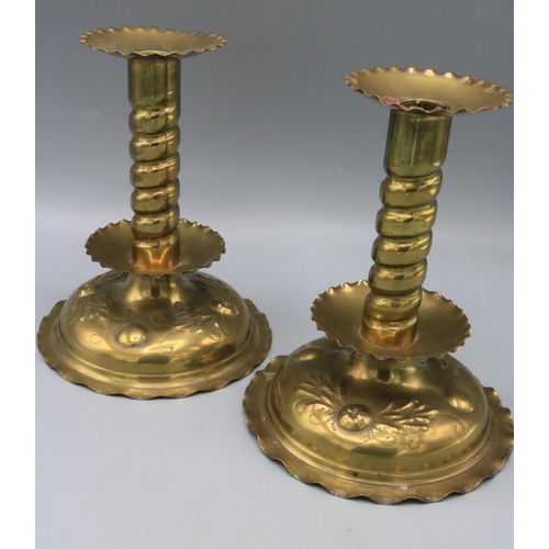 724 - Swedish brass candlesticks, with spiral stem, round tiers and round base with embossed decoration, m... 