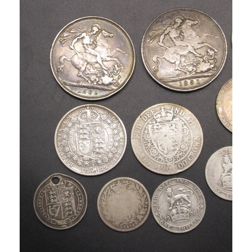 42 - Collection of Pre-1920 GB silver content coins to inc. 1889 Crown, 1891 Crown, 1889 Half-Crown and a... 