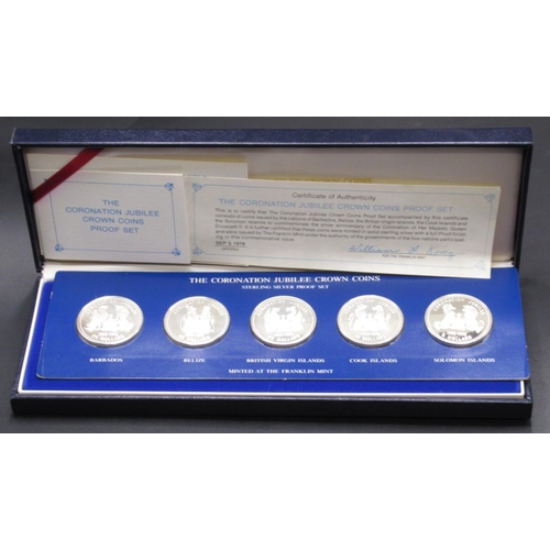 76 - Franklin Mint - The Coronation Jubilee Crown Coins Proof Set, comprising 5 Sterling Silver Proof coi... 