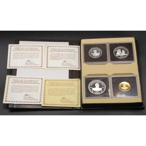 77 - Turks & Caicos Islands 1980 4 coin encapsulated set cont. 100 Crown Gold Proof Coin, 20 Crown Proof ... 