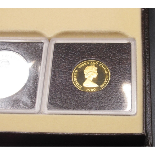 77 - Turks & Caicos Islands 1980 4 coin encapsulated set cont. 100 Crown Gold Proof Coin, 20 Crown Proof ... 