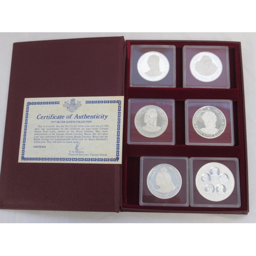 78 - The Cayman Islands silver queens collection 1977, a cased set of 6 sterling silver coins, some tarni... 