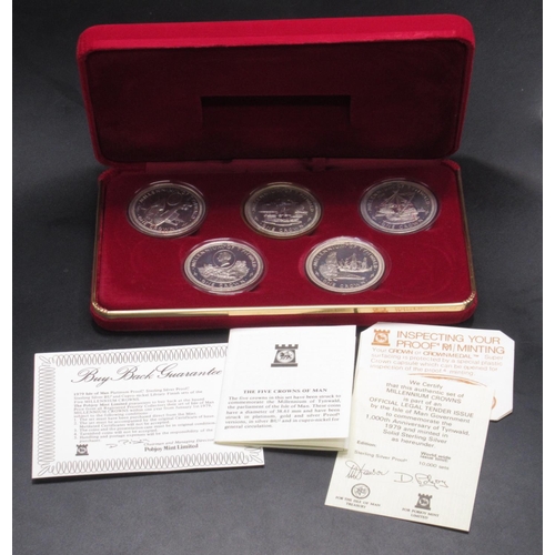 81 - Pobjoy Mint Set of Five Sterling Silver Proof Millennium of Tynwald Crowns, 1979, accompanied by lit... 