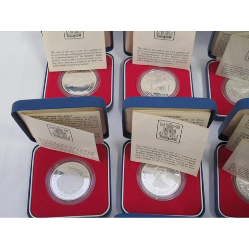 87 - Royal Mint - 16 1977 Queens Jubilee Silver Proof Crowns, 12 with Certificates, 4 lacking, predominan... 