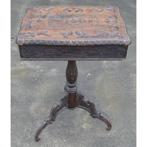 1312 - Unusual Victorian carved wooden tripod workbox, decorated with leafage, on naturalistic column suppo... 