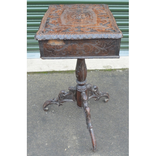 1312 - Unusual Victorian carved wooden tripod workbox, decorated with leafage, on naturalistic column suppo... 