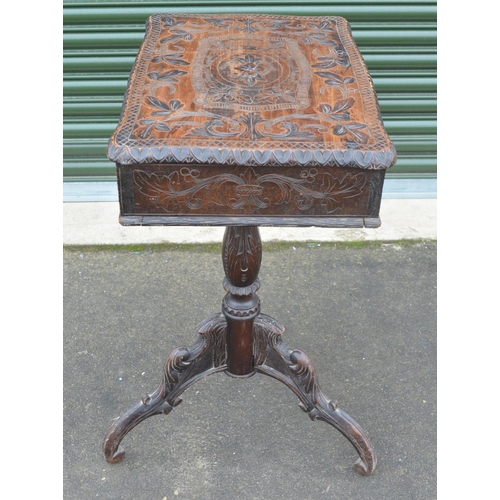 1312 - Unusual Victorian carved wooden tripod workbox, decorated with leafage, on naturalistic column suppo... 