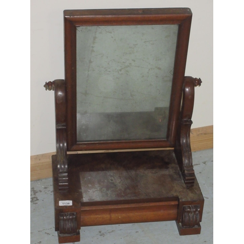 1316 - William 1V mahogany toilet mirror, single drawer base on scroll and block supports, a/f, W45cm D27cm... 