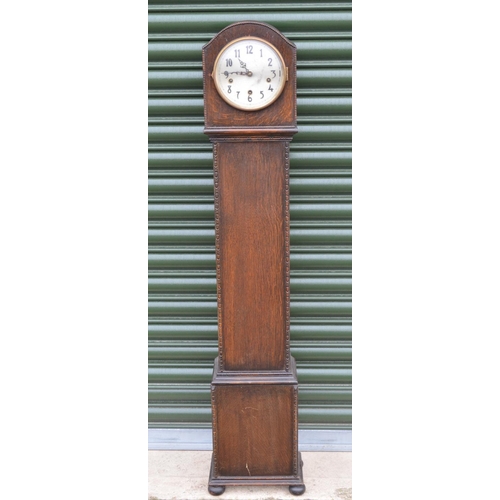 1318 - 20th century small Enfield oak longcase clock, three train quarter chiming movement, H130cm