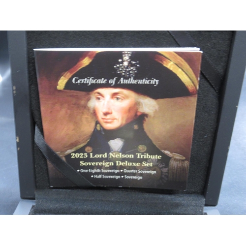 28 - Hattons of London - 2023 Lord Nelson Tribute Sovereign Deluxe Set 066/249, comprising Sovereign, Hal... 