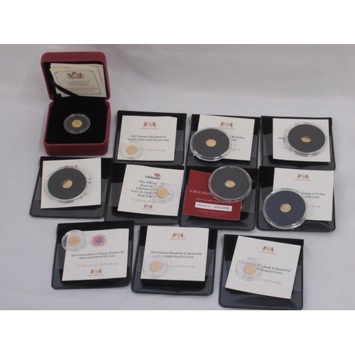 22 - Collection of small gold coins to inc. CPM Canada 2019 Gold Proof Maple Leaf Coin, Harrington & Byrn... 