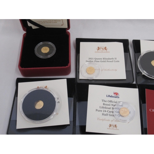 22 - Collection of small gold coins to inc. CPM Canada 2019 Gold Proof Maple Leaf Coin, Harrington & Byrn... 