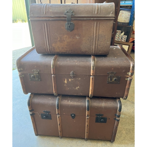 808 - Three wood bound travel trunks and a metal trunk, max. L74cm (4)