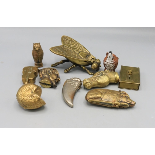 501 - Brass table ashtray in the shape of a fly; collection of vestas including a painted copper alloy ves... 