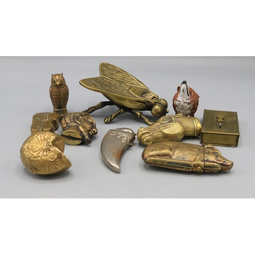 501 - Brass table ashtray in the shape of a fly; collection of vestas including a painted copper alloy ves... 