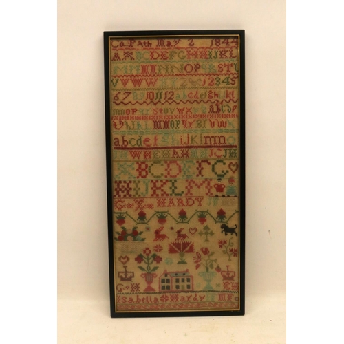 721 - Victorian embroidery needlework sampler, in multiple wool threads, featuring alphabet lettering, flo... 