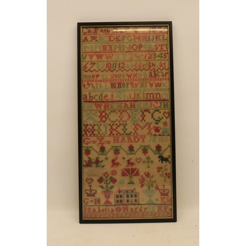 721 - Victorian embroidery needlework sampler, in multiple wool threads, featuring alphabet lettering, flo... 