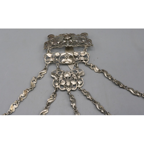 722 - Edwardian silver chatelaine in the art nouveau style, by William Comyns & Sons, London, 1901, 3.15oz... 