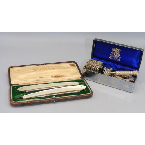 725 - Pair of M. Kindal mother of pearl straight razors and Wilkinson Sword seven day razor set in metal c... 